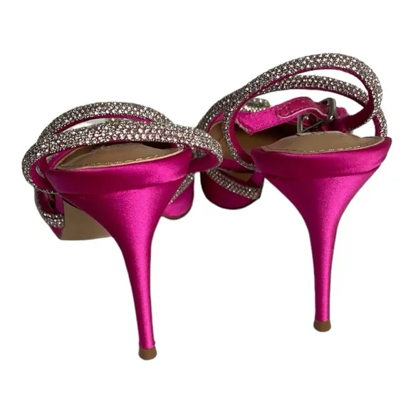 STEVE MADDEN Lakelyn Ankle Strap Sandal Satin Crystal Bow Pink Spring Boho Sz 8