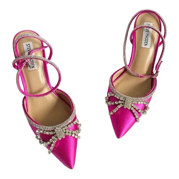 STEVE MADDEN Lakelyn Ankle Strap Sandal Satin Crystal Bow Pink Spring Boho Sz 8