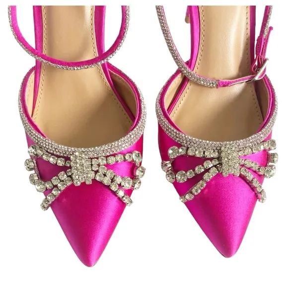 STEVE MADDEN Lakelyn Ankle Strap Sandal Satin Crystal Bow Pink Spring Boho Sz 8