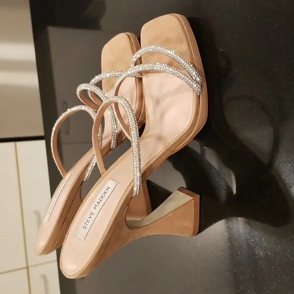 💕STEVE MADDEN💕 Libbie Camel Nubuck Rhinestone High Heel Platform Sandals ~ 11