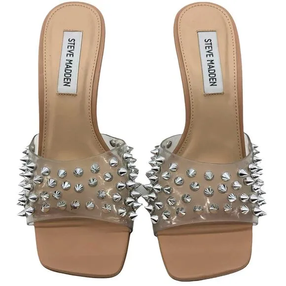 Steve Madden Vinyl Heels Studded Metallic Silver Spikes  Square Toe Sandals 7.5