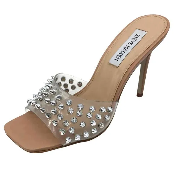 Steve Madden Vinyl Heels Studded Metallic Silver Spikes  Square Toe Sandals 7.5