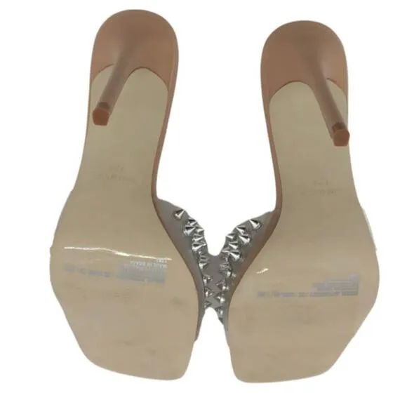 Steve Madden Vinyl Heels Studded Metallic Silver Spikes  Square Toe Sandals 7.5