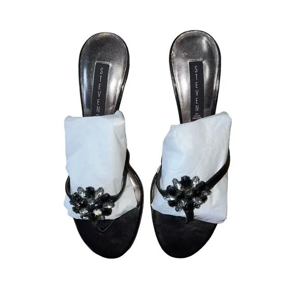 Steven by Steve Madden Black Strappy Sandal Heel With Flower Jewels Womens Sz 10