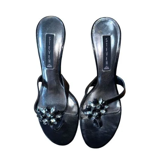 Steven by Steve Madden Black Strappy Sandal Heel With Flower Jewels Womens Sz 10