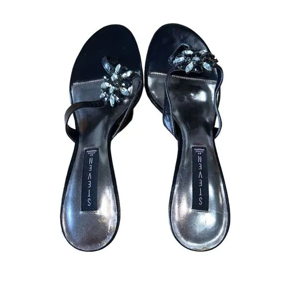 Steven by Steve Madden Black Strappy Sandal Heel With Flower Jewels Womens Sz 10