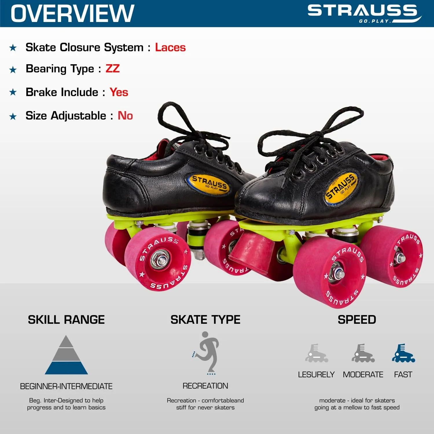 STRAUSS Gripper Skating Shoes: Fixed Body Roller Skates with Adjustable Fit, Brake | Size-8 | Red/Black