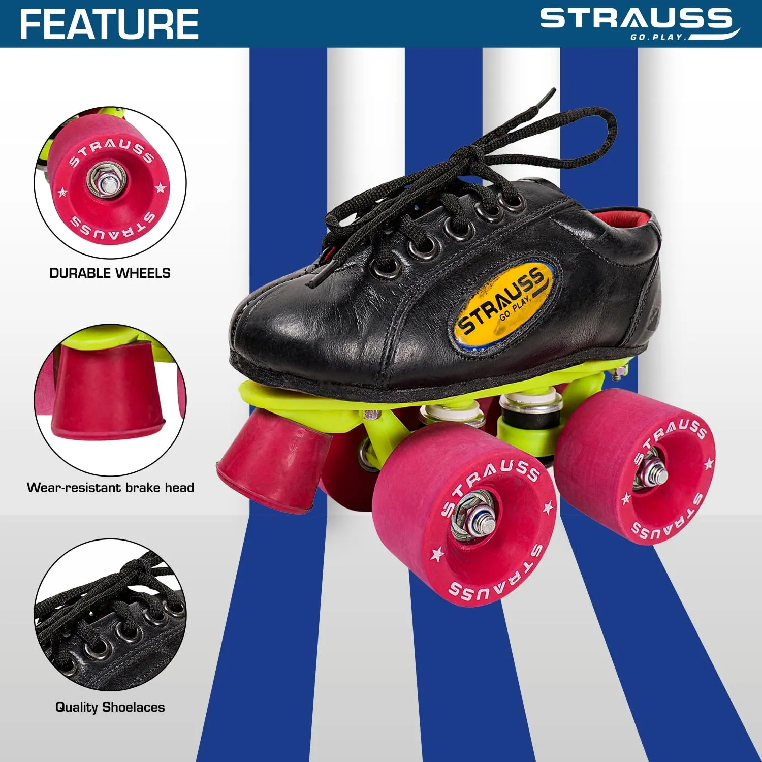 STRAUSS Gripper Skating Shoes: Fixed Body Roller Skates with Adjustable Fit, Brake | Size-8 | Red/Black
