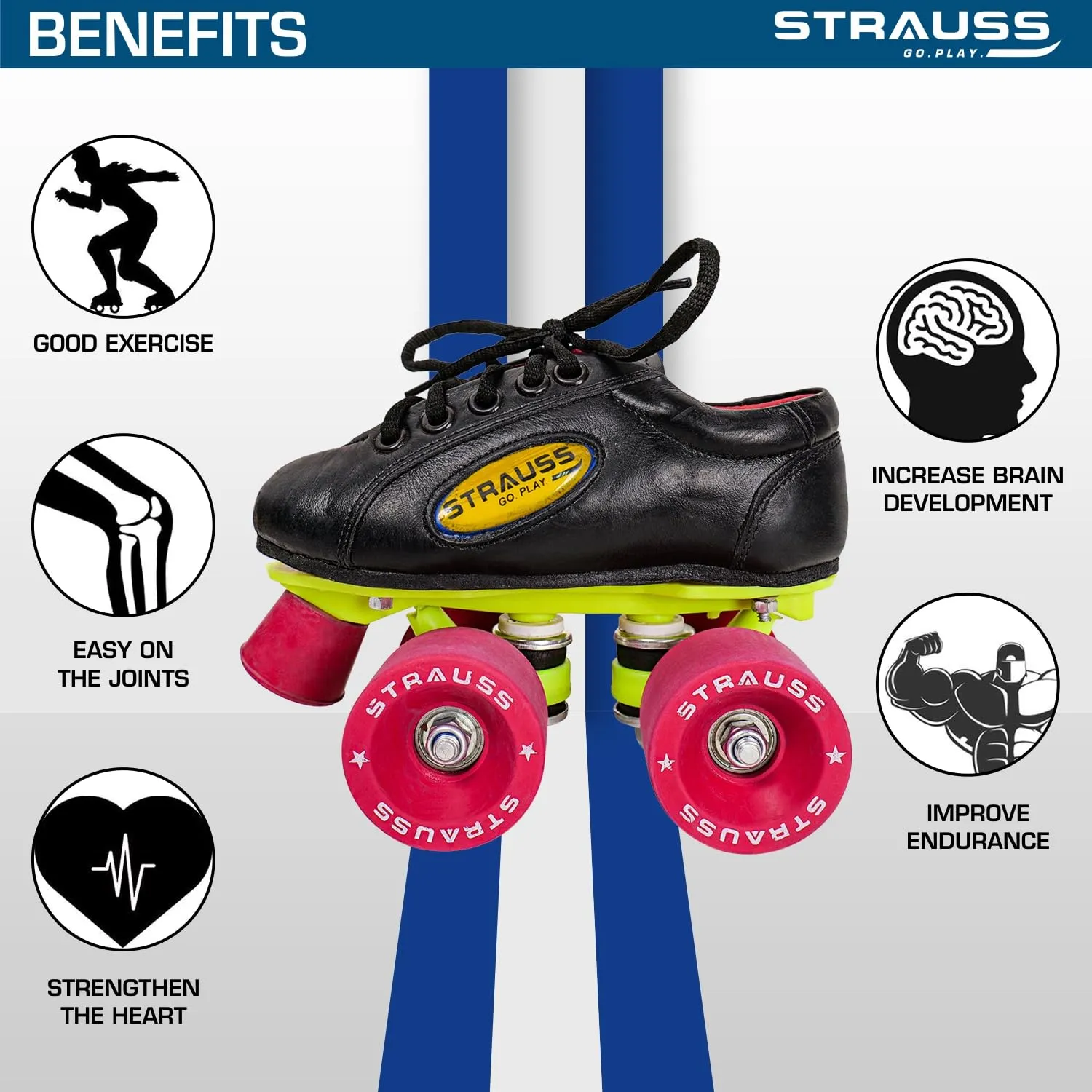 STRAUSS Gripper Skating Shoes: Fixed Body Roller Skates with Adjustable Fit, Brake | Size-8 | Red/Black