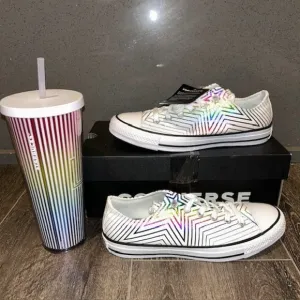 Striped Starbucks 24oz Cup   Matching Converse Chuck Taylor shoes. Women size 9