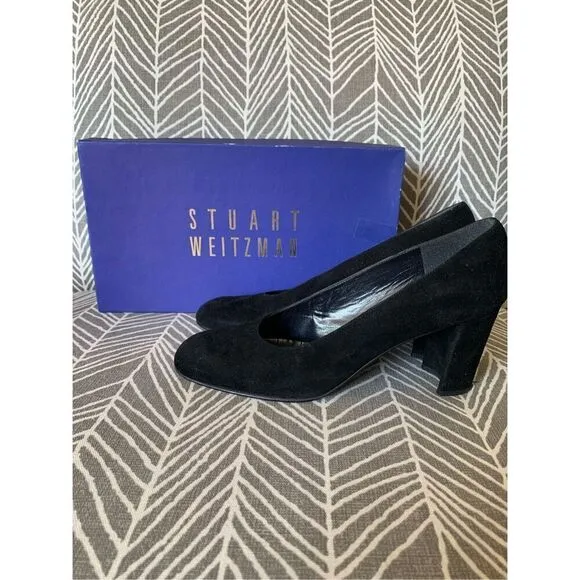 STUART WEITZMAN Black Suede Scraper Pump Heels Shoes 7.5 A NARROW DRESSY PARTY