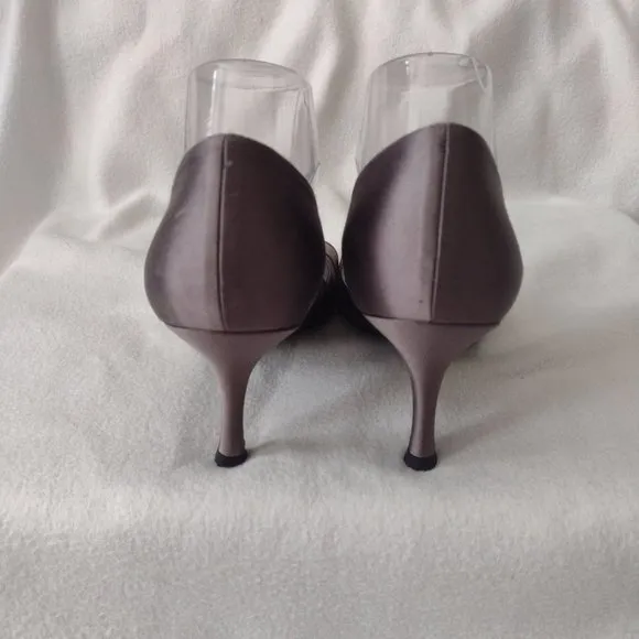 Stuart Weitzman Dark Silver Satin Shoes 10 M Peep Toe Heels
