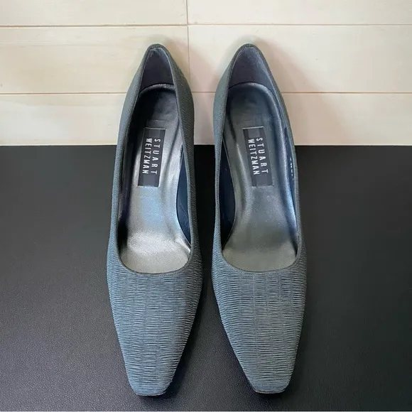 Stuart Weitzman Kitten Heels Ruffled Grey Fabric Women's Size 9.5 Shoes B Pumps