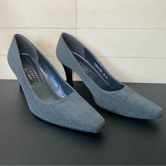 Stuart Weitzman Kitten Heels Ruffled Grey Fabric Women's Size 9.5 Shoes B Pumps