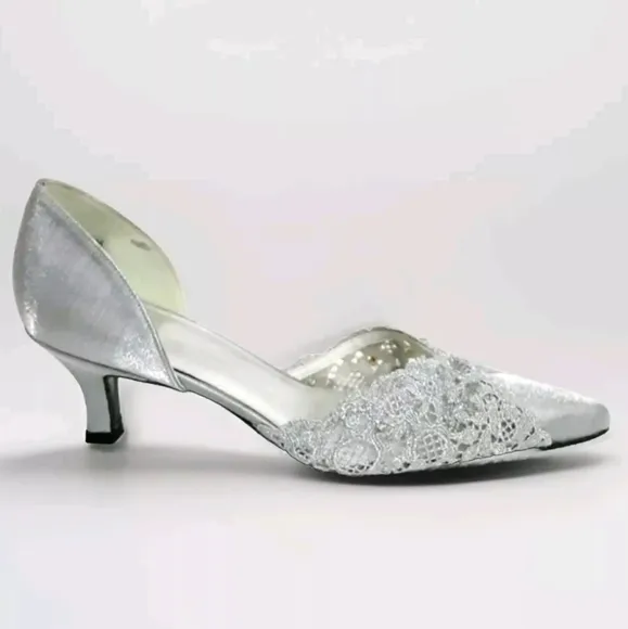 Stuart Weitzman Metallic Silver Queenslo Lace Accent Satin Kitten Heels Pumps