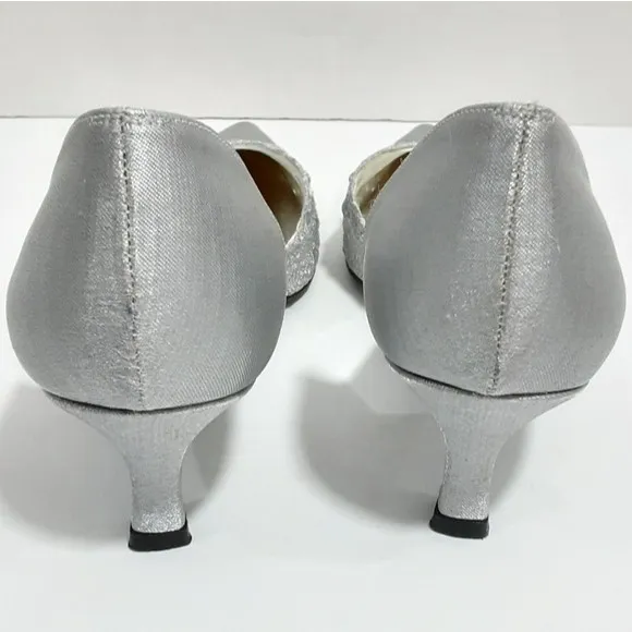 Stuart Weitzman Metallic Silver Queenslo Lace Accent Satin Kitten Heels Pumps