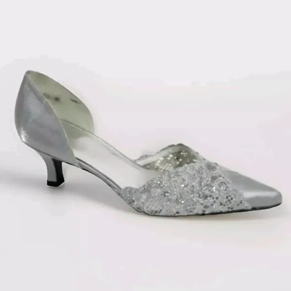 Stuart Weitzman Metallic Silver Queenslo Lace Accent Satin Kitten Heels Pumps