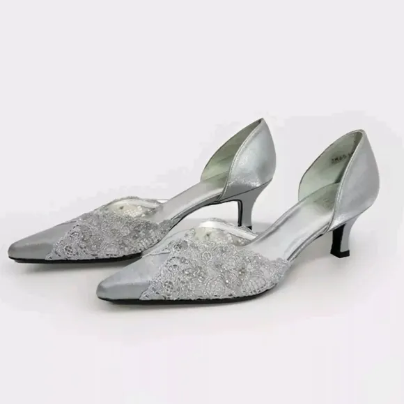Stuart Weitzman Metallic Silver Queenslo Lace Accent Satin Kitten Heels Pumps