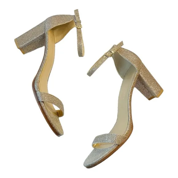 Stuart Weitzman Nudistcurve 75 Block Heel Sandal Gold Platino Wedding Sz 10.5