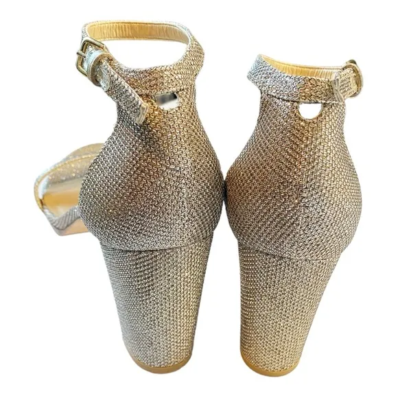 Stuart Weitzman Nudistcurve 75 Block Heel Sandal Gold Platino Wedding Sz 10.5