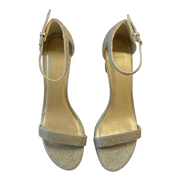 Stuart Weitzman Nudistcurve 75 Block Heel Sandal Gold Platino Wedding Sz 10.5