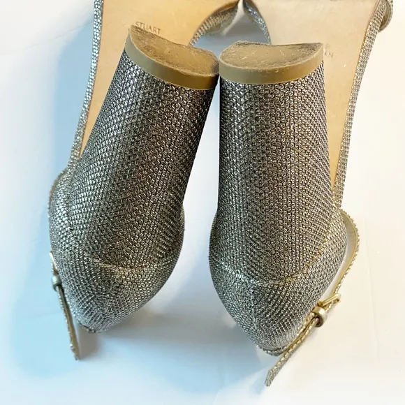 Stuart Weitzman Nudistcurve 75 Block Heel Sandal Gold Platino Wedding Sz 10.5