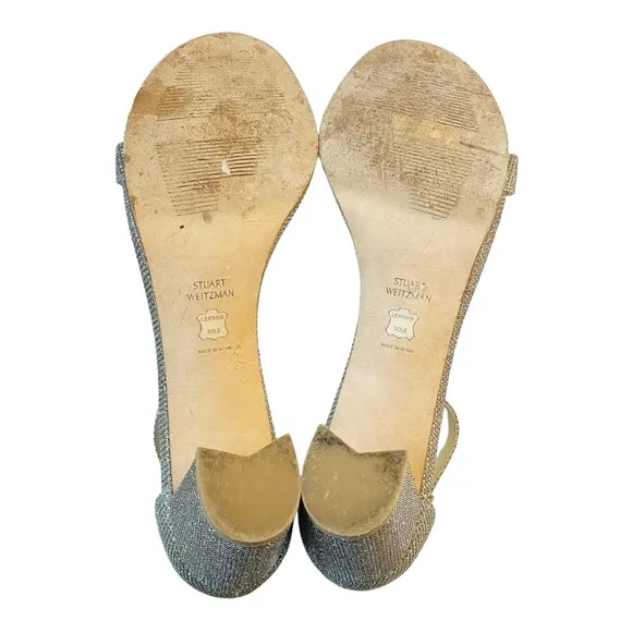 Stuart Weitzman Nudistcurve 75 Block Heel Sandal Gold Platino Wedding Sz 10.5