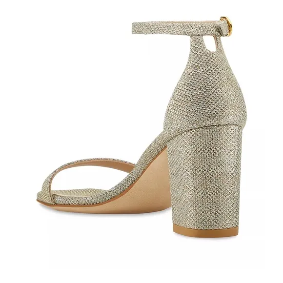 Stuart Weitzman Nudistcurve 75 Block Heel Sandal Gold Platino Wedding Sz 10.5