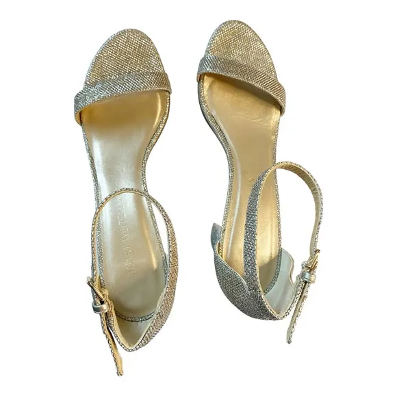 Stuart Weitzman Nudistcurve 75 Block Heel Sandal Gold Platino Wedding Sz 10.5