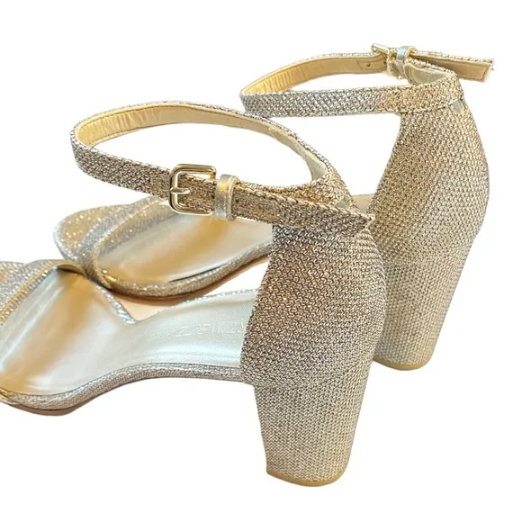 Stuart Weitzman Nudistcurve 75 Block Heel Sandal Gold Platino Wedding Sz 10.5