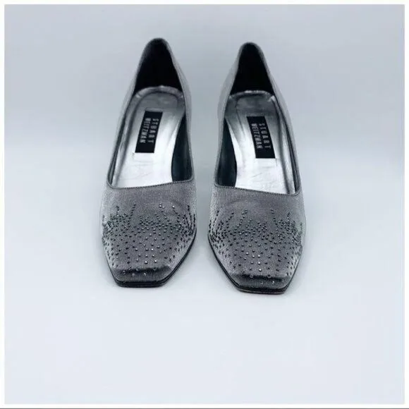 Stuart Weitzman Pewter Fabric Jeweled Evening Heel Pumps Sz 10 Square Toe
