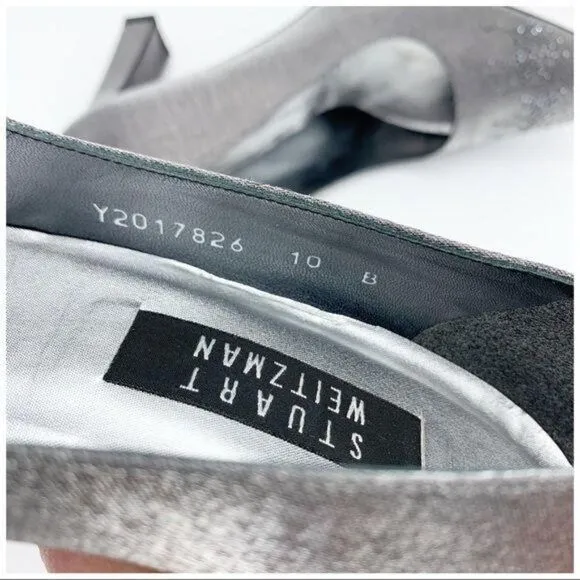 Stuart Weitzman Pewter Fabric Jeweled Evening Heel Pumps Sz 10 Square Toe