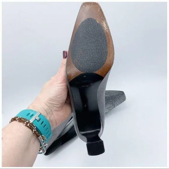 Stuart Weitzman Pewter Fabric Jeweled Evening Heel Pumps Sz 10 Square Toe