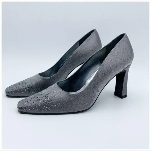 Stuart Weitzman Pewter Fabric Jeweled Evening Heel Pumps Sz 10 Square Toe