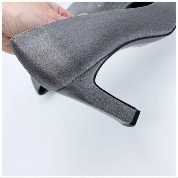 Stuart Weitzman Pewter Fabric Jeweled Evening Heel Pumps Sz 10 Square Toe