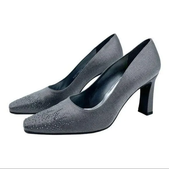 Stuart Weitzman Pewter Fabric Jeweled Evening Heel Pumps Sz 10 Square Toe