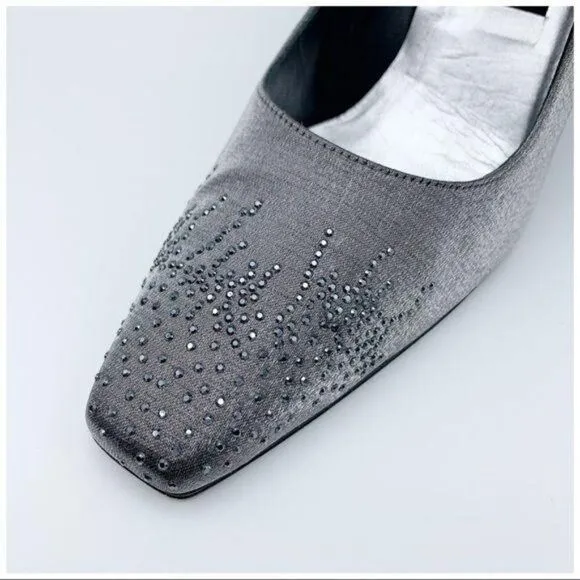 Stuart Weitzman Pewter Fabric Jeweled Evening Heel Pumps Sz 10 Square Toe