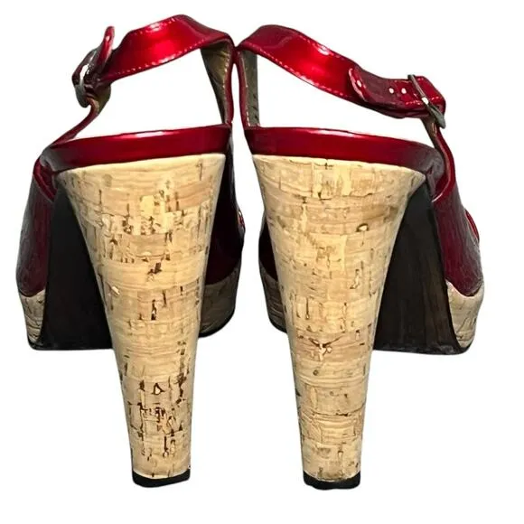Stuart Weitzman Platform Sandal Women 7.5 N Red Patent Leather Cork Heeled Shoes