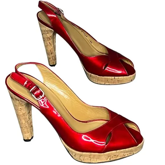Stuart Weitzman Platform Sandal Women 7.5 N Red Patent Leather Cork Heeled Shoes