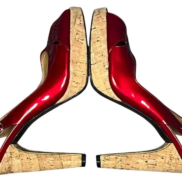 Stuart Weitzman Platform Sandal Women 7.5 N Red Patent Leather Cork Heeled Shoes