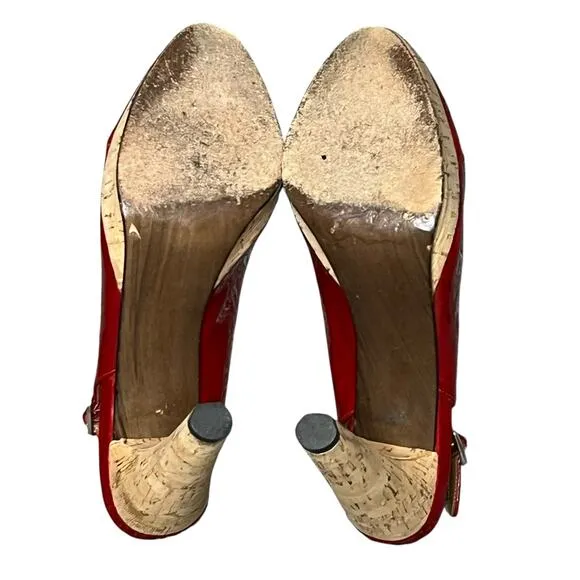 Stuart Weitzman Platform Sandal Women 7.5 N Red Patent Leather Cork Heeled Shoes