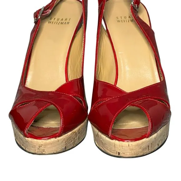 Stuart Weitzman Platform Sandal Women 7.5 N Red Patent Leather Cork Heeled Shoes
