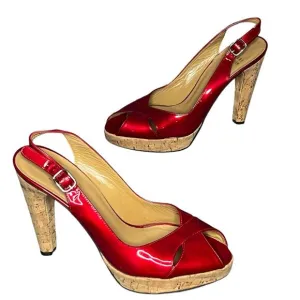 Stuart Weitzman Platform Sandal Women 7.5 N Red Patent Leather Cork Heeled Shoes