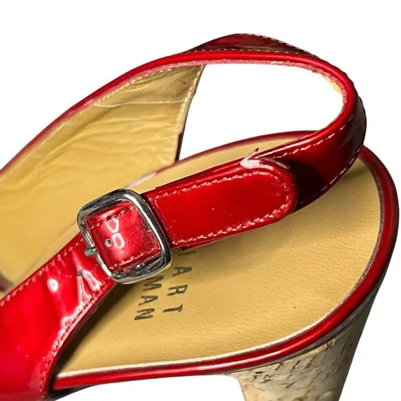 Stuart Weitzman Platform Sandal Women 7.5 N Red Patent Leather Cork Heeled Shoes