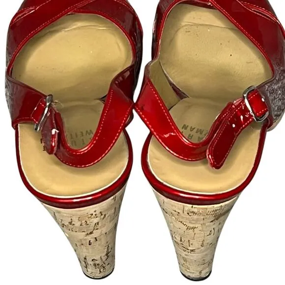 Stuart Weitzman Platform Sandal Women 7.5 N Red Patent Leather Cork Heeled Shoes