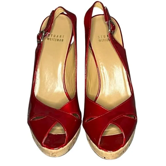 Stuart Weitzman Platform Sandal Women 7.5 N Red Patent Leather Cork Heeled Shoes
