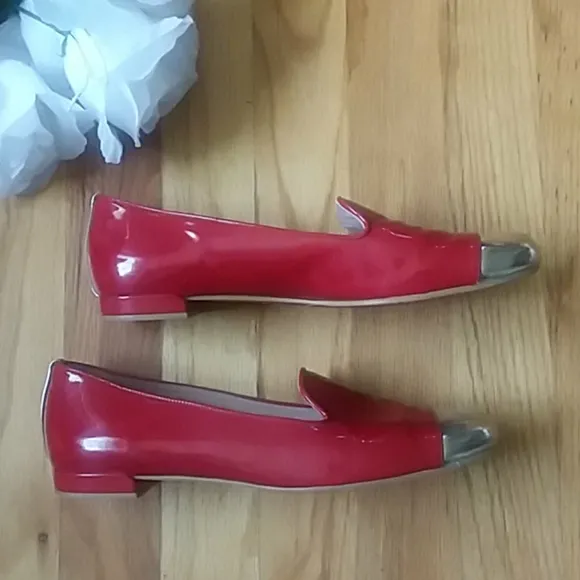 Stuart Weitzman Red Flats with Silver Capped Toe Size 6