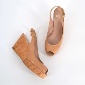 Stuart Weitzman Riviera Peep Toe Cork Wedge Sandals Patent Leather Nude Tan 9