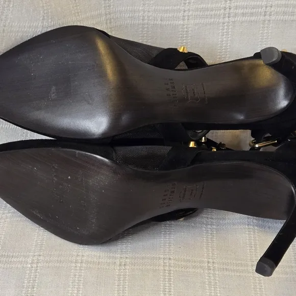 Stuart Weitzman Saunter Black Pointed‎ Stiletto Size 8.5M Suede Gold Studded EUC