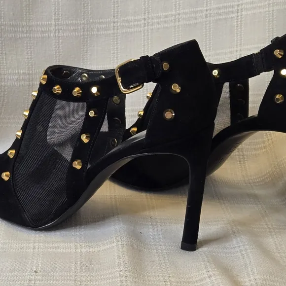 Stuart Weitzman Saunter Black Pointed‎ Stiletto Size 8.5M Suede Gold Studded EUC